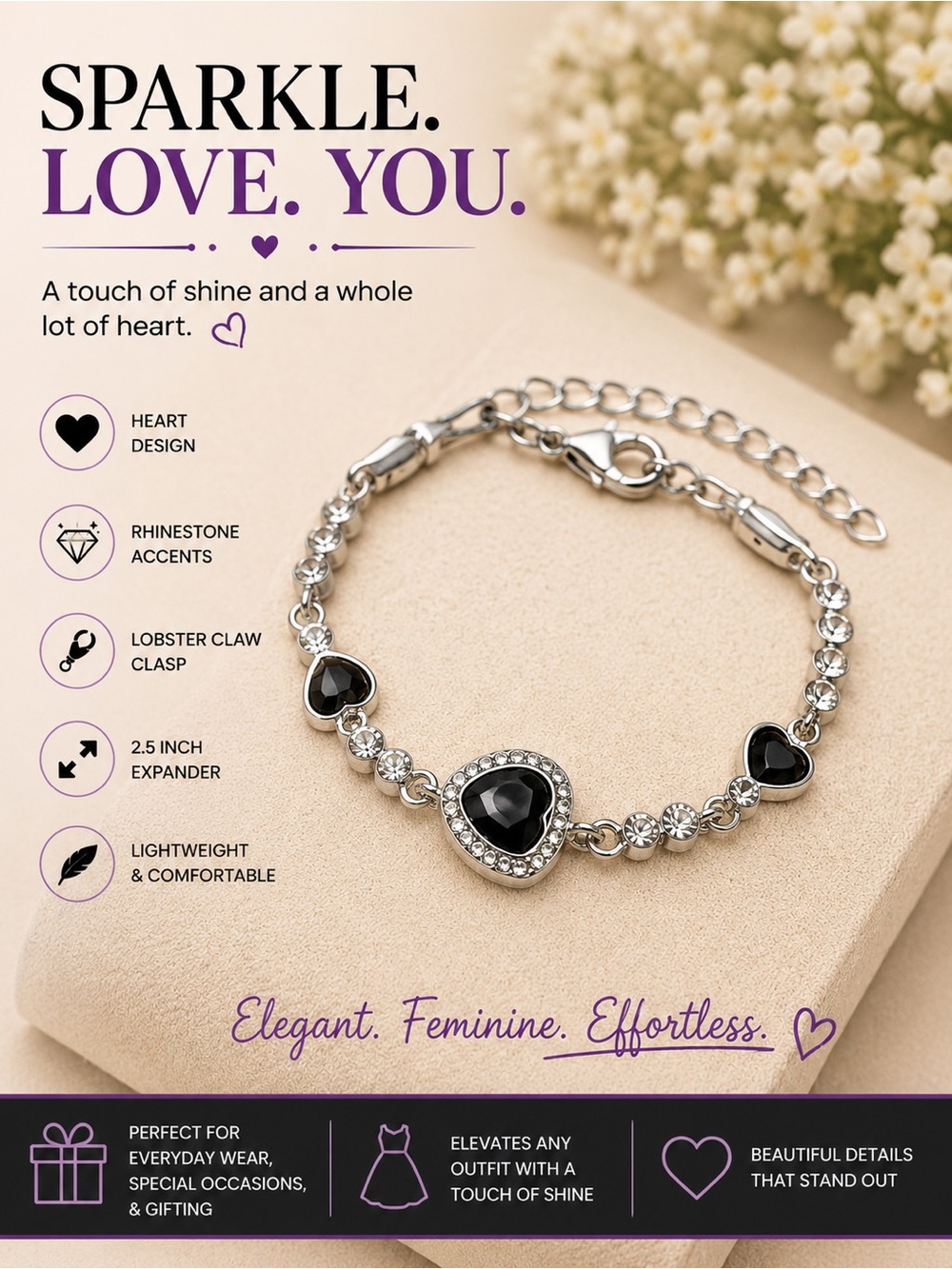 paparazzi Black Heart Rhinestone Bracelet